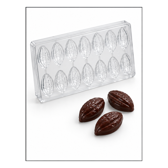 11g cacao pod polycarbonate chocolate mold with 14 cavities and finished cacao pod chocolates