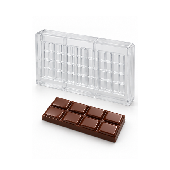 28g 8-piece polycarbonate chocolate bar mold with 7 bar cavities and finished chocolate bar