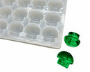 Molde para gomitas de hongo de 3.5 mL - 140 cavidades - vista lateral, con muestras de gomitas verde esmeralda