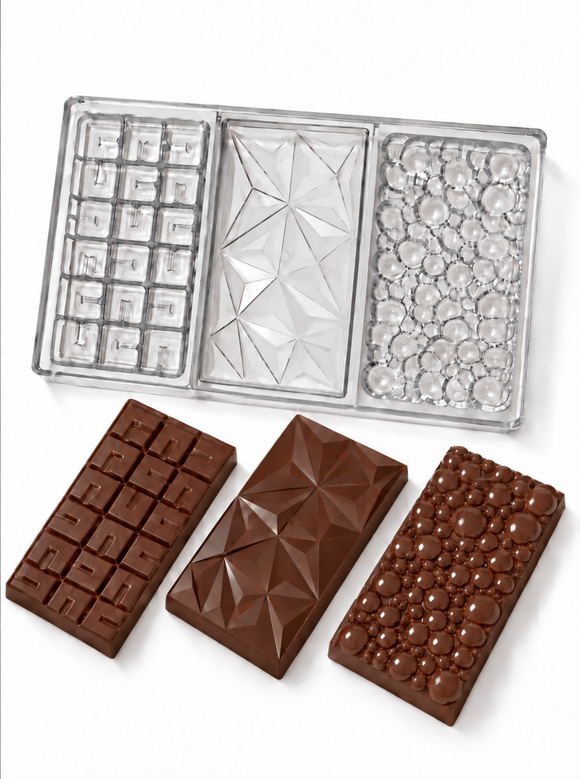80g textured polycarbonate chocolate bar mold with three unique bar designs: stone block, faceted geometric and bubble