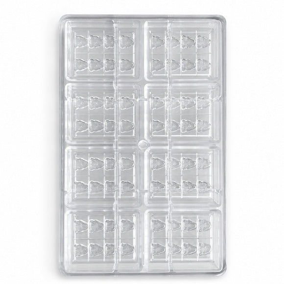Clear custom polycarbonate chocolate mold with 64 tree-shaped cavities