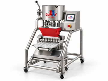 Front-angle view of Gummy Molds automatic 10-nozzle gummy depositor with 25L cooker, red 12L heated hopper and clear silicone gummy mold