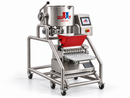 Three-quarter view of Gummy Molds 10-nozzle commercial gummy depositor with integrated 25L cooker, 12L heated hopper and clear silicone mold tray